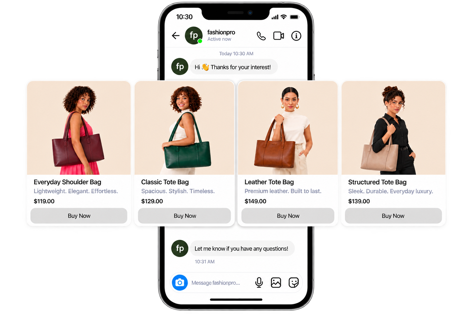 A phone showing an automated Instagram DM reply from a fashion brand, followed by four product cards, each with its name, description, price and a Buy Now button.