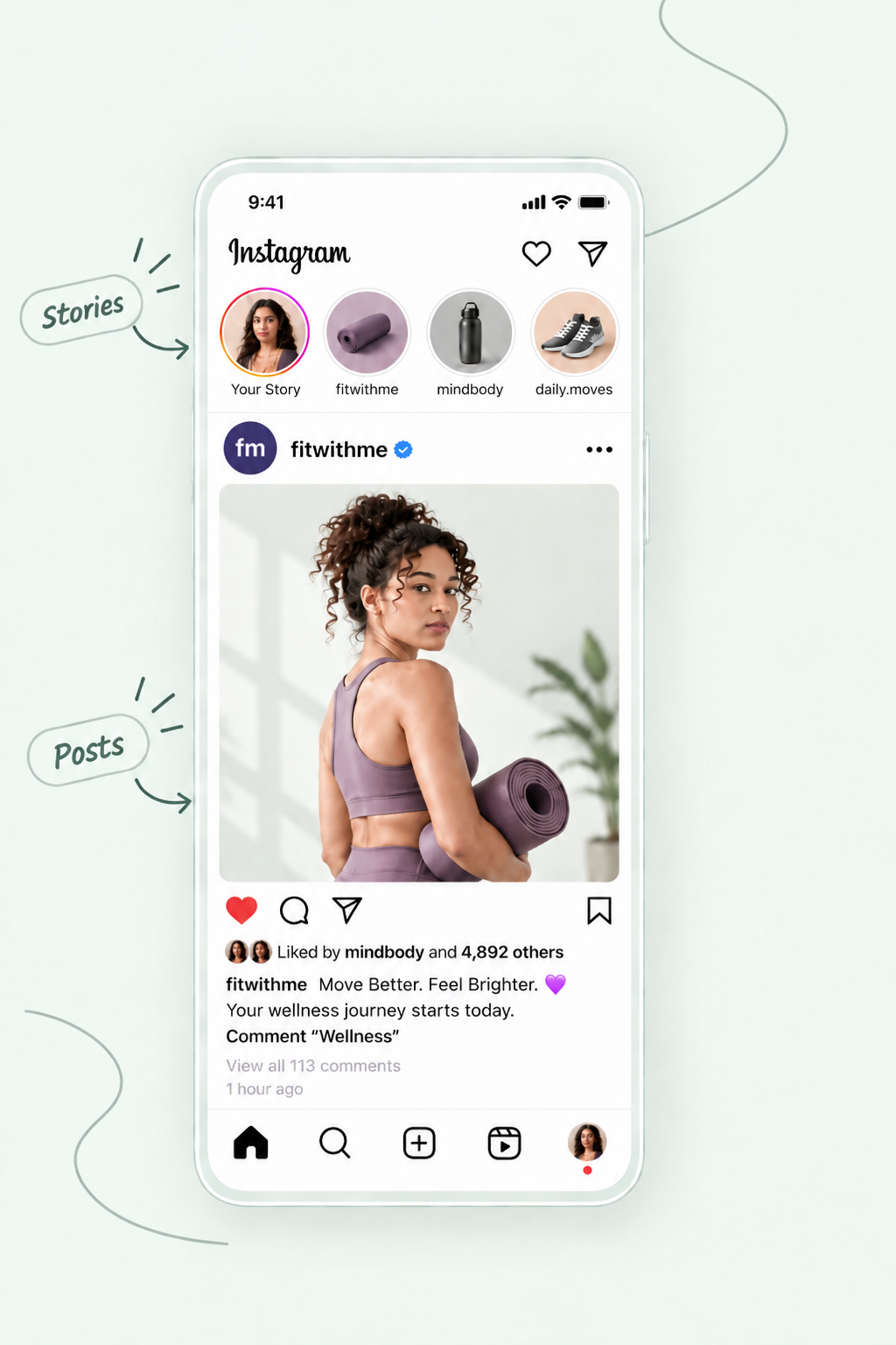 A phone showing an Instagram post from a wellness brand with a 'Comment Wellness' caption, labelled 'Stories' and 'Posts' as the two triggers that can fire an automated DM.