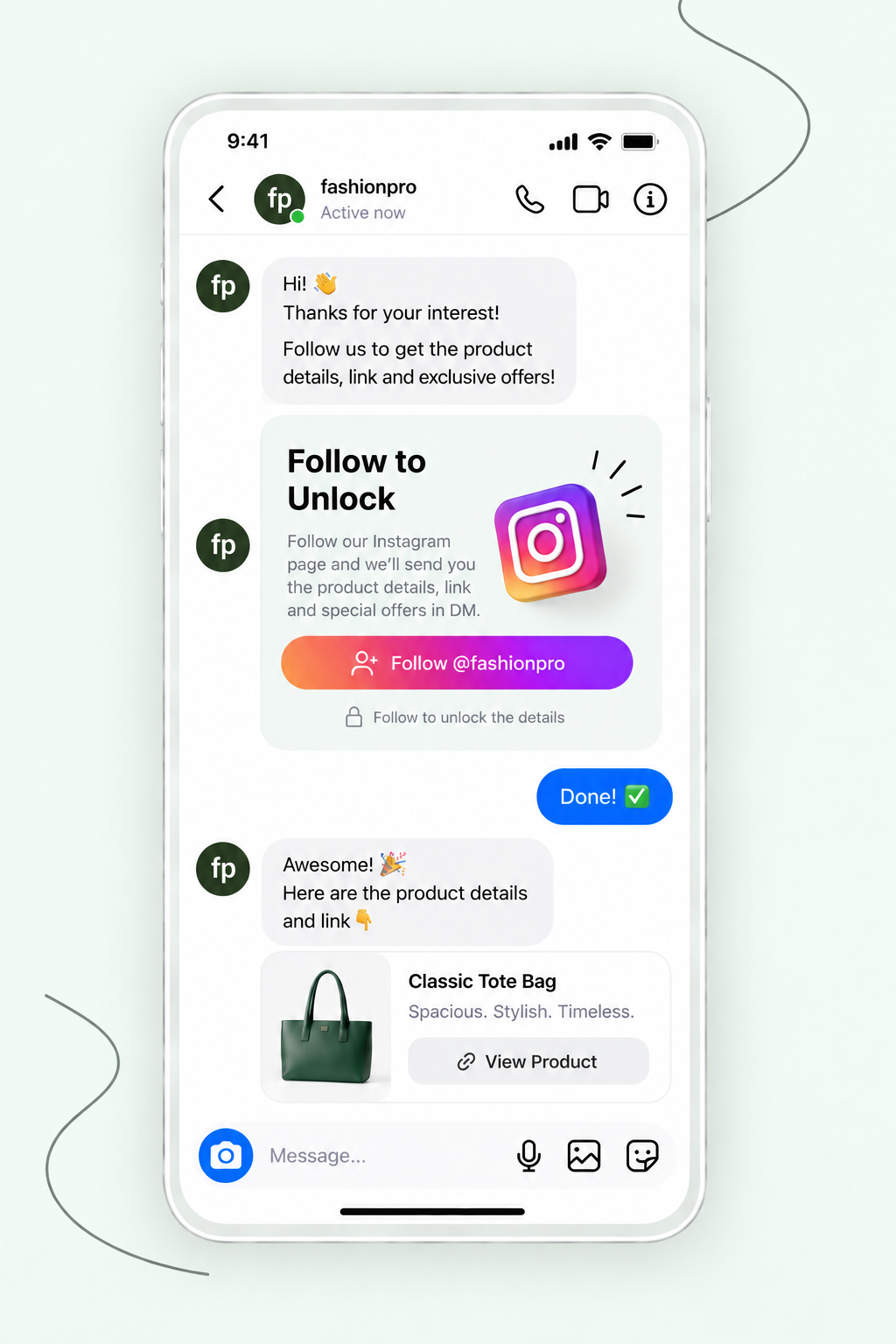 A phone showing an Instagram DM with a 'Follow to Unlock' card: a customer follows the account and BlipDM automatically delivers the product details and link.